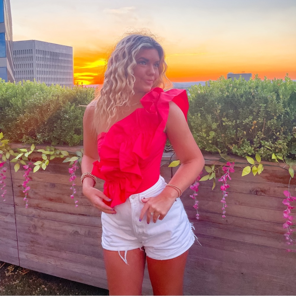 Women's Red Ruffle One-Shoulder Top